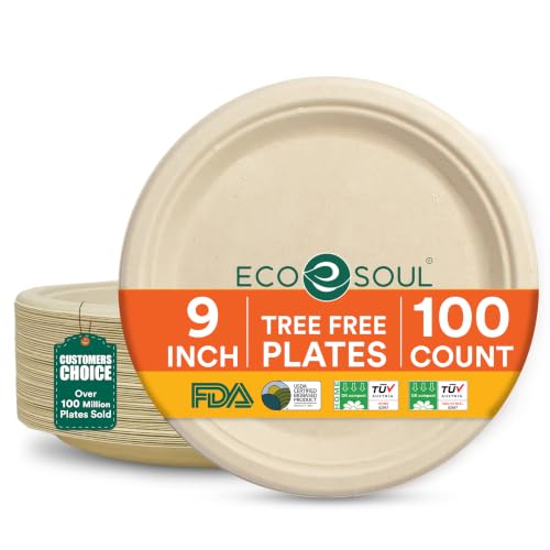 ECO SOUL 9 Inch Disposable Bagasse Paper Plates (100 Pack, Round) | Natural, Compostable, 100% Virgin Bagasse Pulp, Heavy Duty, Biodegradable, Microwave Safe, Food Safe, Eco-Friendly