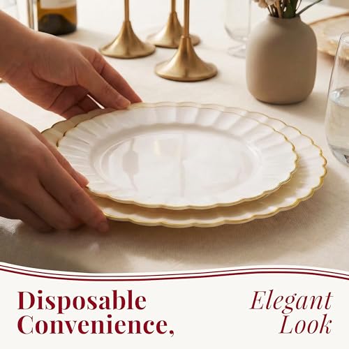By Madee HEAVYWEIGHT Ivory Gold Scalloped Plastic Plates for Wedding 60 Pc | 30% Heavier • Heavy Duty Thanksgiving Plates • 30 Dinner & 30 Dessert • Friendsgiving Plates • Host Beautifully This Fall
