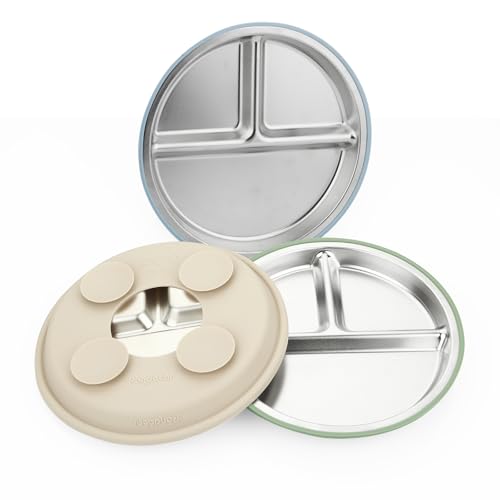 PandaEar 3 Pack Stainless Steel Baby Suction Plates, Divided Toddler Plate for Baby Led Weaning Supplies, Non-Slip Toddler Baby Feeding Set Dishwasher Safe (Blue/Green/Brown)
