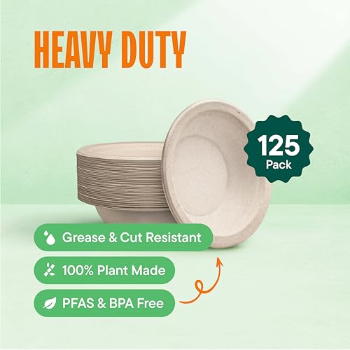 100% Compostable Paper Bowls - 12 oz [125-Pack] Heavy Duty Soup Bowls | Eco-Friendly Biodegradable Bagasse Hot Food Plates and Bowls, Natural Brown BPI Certified & PFAS-Free, By Stack Man