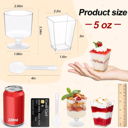 320-Pack Dessert Cups with Spoons 5 oz Mini Plastic Dessert Cups for Party Yogurt Parfait Jello Fruit Appetizer Cocktail Small Clear Reusable Square and Round Goblet-Shaped Dessert Bowls Shot Glasses