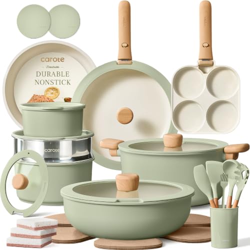 CAROTE 33pcs Pots and Pans Set Non Stick, Detachable Handle Cookware, Green