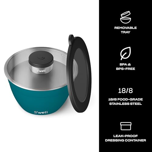 S'well Stainless Steel Salad Bowl Kit 64 oz Peacock Blue | Prevents Messy Spills, Includes Tray & Condiment Container, Ideal for Salads & Work Lunches, Dishwasher Safe