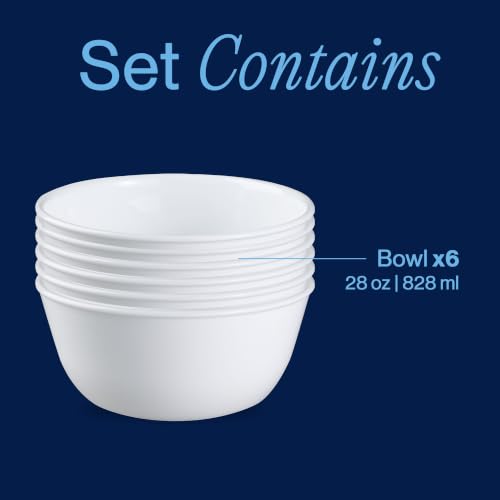 Corelle Vitrelle 28-oz Soup/Cereal Bowls Set of 6 Chip & Crack Resistant Dinnerware Bowls for Soup, Ramen, Cereal and More, Triple Layer Glass, Winter Frost White