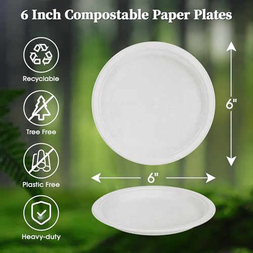 ECOLipak 6 in 200 Pack White Disposable Compostable Dessert Paper Plates | Heavy Duty, Biodegradable, Made of Eco-friendly Sugarcane Bagasse, Ideal for Dinner, Picnic, Appetizer, Birthday, Daily use