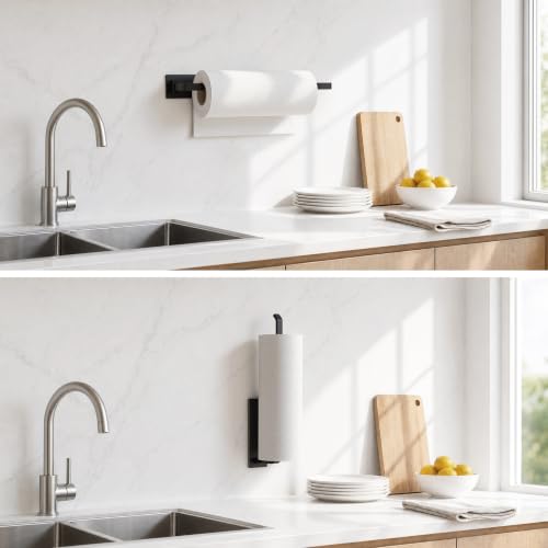 Paper Towel Holder Under Cabinet, Self-Adhesive or Drilling, Matte Black | Kitchen Roll Dispenser | Under-Cabinet or Wall-Mounted| Upgraded Aluminum | Lighter Yet Stronger Than Stainless Steel