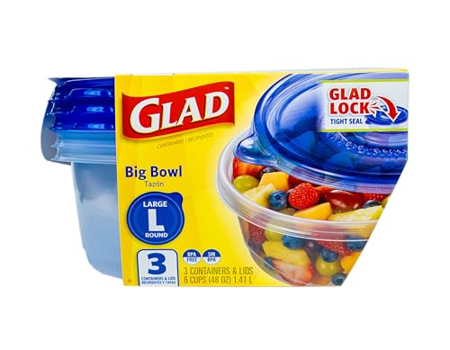 Glad GladWare Big Bowl Food Storage Containers, Large Round, 48 Oz, 3 Count | Lock-tight seal for soups, salads, and meal prep in a large round format, microwave and dishwasher safe