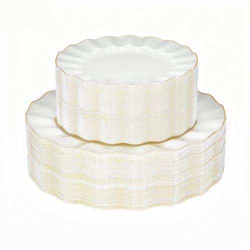 QualQuot 120PCS Ivory White Plastic Plates, Wavy Plates with Gold Rim | Heavy Duty Disposable Party Plates, Fancy 60 Dinner & 60 Dessert Plates for Party and Wedding