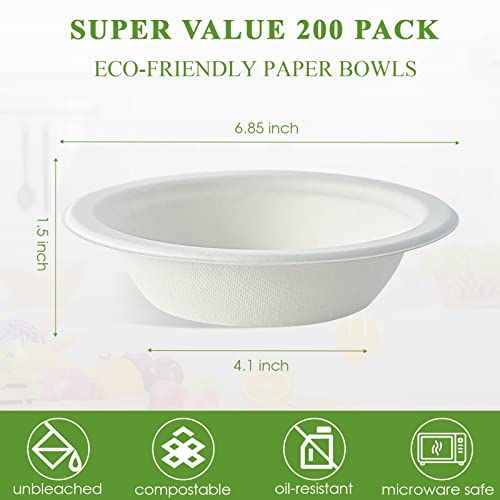 Vplus 200 Pack 16 OZ Compostable Paper Bowls, Bagasse Bowls，White | Disposable Compostable Bowls Bulk, Eco-friendly Bagasse Bowls, Heavy-duty Bowls Perfect for Milk Cereals, Snacks, Salads