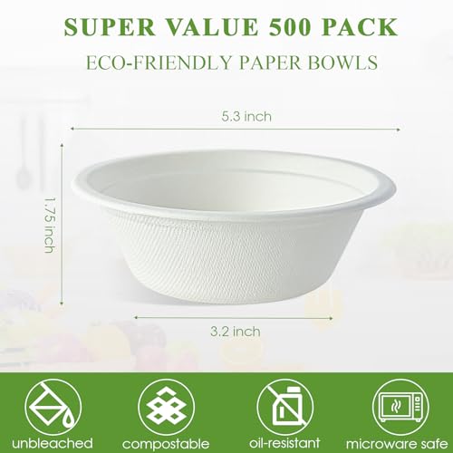 Vplus 500 Pack 12 OZ Compostable Paper Bowls, Bagasse Bowls Bulk，White | Disposable Compostable Bowls Bulk, Eco-friendly Bagasse Bowls, Heavy-duty Bowls, Perfect for Milk Cereals, Snacks, Salads