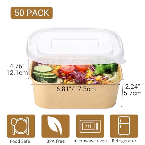 Belinlen 50 Sets 25oz Disposable Kraft Paper Bowls with Lids, Rectangle | Paper Food Containers with Lids, Salad Bowls for Hot/Cold Food, Soup, Meal Prep, Ice Cream, Takeout, Party Supplies(750ml)
