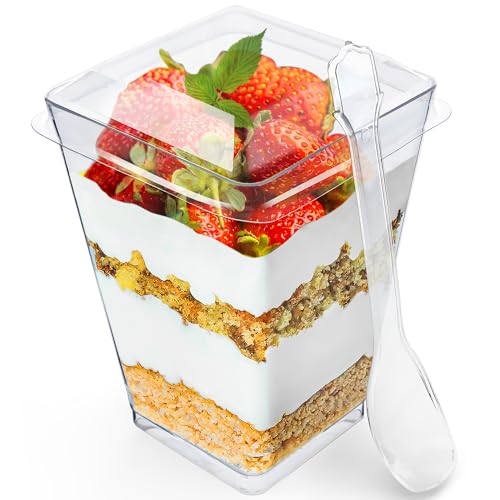 Sammray 100 Pack 5 oz Dessert Cups with Lids and Spoons, Plastic Parfait | 300 pcs serves 100; Disposable Clear Mini Party Set for Mousse, Tiramisu, Pudding, Appetizer, Salad, Yogurt, Cake, Wedding