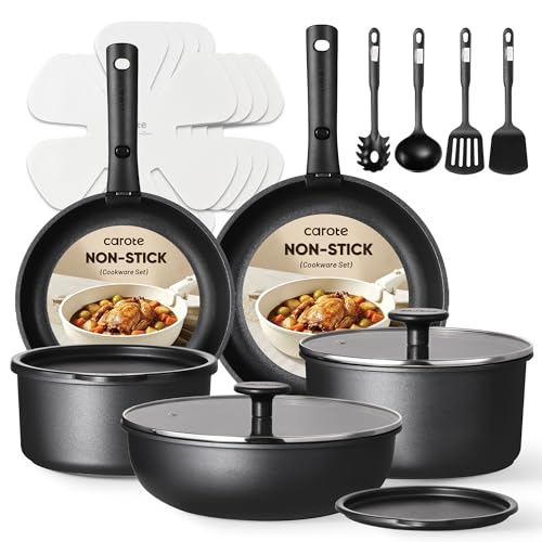 CAROTE 19pcs Pots and Pans Set Non Stick, Detachable Handle Cookware