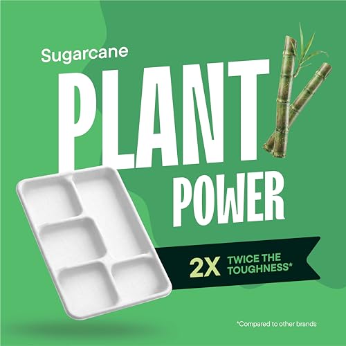 100% Compostable 5-Compartment Tray [125-Pack] Heavy Duty Bagasse Plates | Eco-Friendly Biodegradable School Lunch Tray Made of Sugar Cane Fibers, PFAS-Free & BPI Certified White Divided Platter