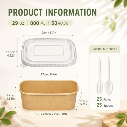 Holotap 50 Pack 29 OZ Brown Meal Prep Containers with Lids【with Spoons and Forks】, Disposable Kraft Paper Bowls, Microwave Safe for Hot/Cold Soup, Disposable Meal Prep Containers for Holiday Party