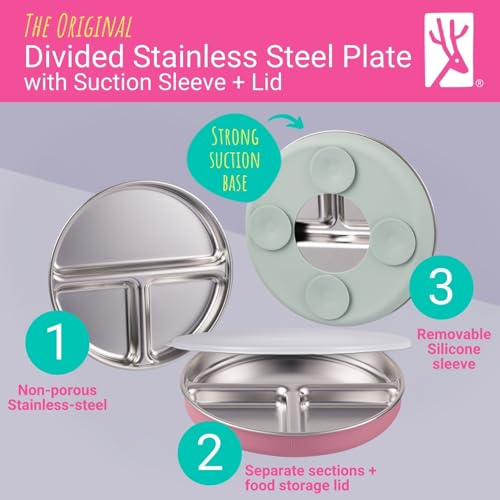 Elk and Friends Kids/Toddler 7.8" Stainless Steel Divided Plate + Lid | 4pk | Suitable for Babies | Silicone Suction Sleeves | Lids Included | Dishwasher Safe | Baby Weaning Supplies