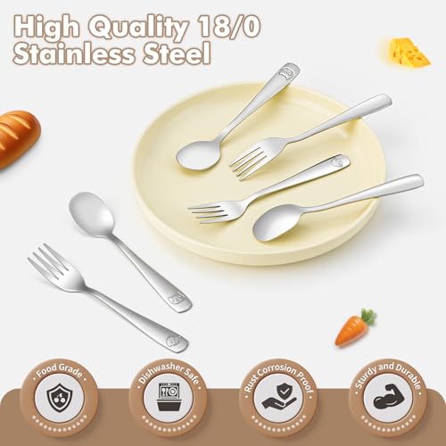 DRKIO 12Pcs Stainless Steel Toddler Utensils Small Metal Kids Silverware | Food-grade, Ideal Transitional Baby Forks and Spoons, Cute pattern, Designed for Children, Dishwasher Safe, Mirror Polished