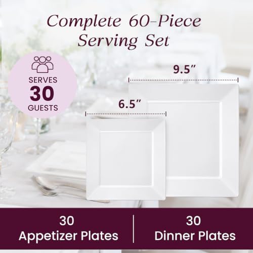 [60 PCS] Square Plastic Plates for Party | White Disposable Plastic Plates | 9.5-Inch 30 Dinner & 6.5-Inch 30 Salad Plates | Hard Plastic Plates Disposable for Parties, Wedding, Christmas & Thanksgiving