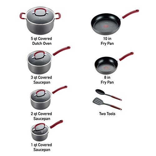 T-fal Ultimate Hard Anodized Nonstick Cookware Set 12 Piece, Oven Broiler Safe 600F, Kitchen Cooking Set w/Fry Pans, Saucepans, Dutch Oven, Kitchen Utensils, Pots and Pans, Dishwasher Safe, Black