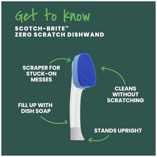 Scotch-Brite Zero Scratch Dishwand, 1 Wand | Dishwasher-Safe Scrub Wand with Built-in Scraper, Gentle Scrubbing Power, Stands Upright