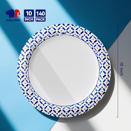 JOLLY CHEF 10 Inch Paper Plates 140 Count, Disposable Heavy Duty | Disposable Paper Plates Soak-Proof, Cut Proof, Round, Bulk Plates for Picnic, Family Gatherings, Parties