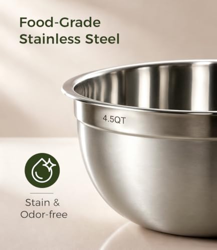 RFAPPMV Stainless Steel Mixing Bowls: 6-Piece Prep & Storage Set with Lids | Heavy-Gauge Anti-Warp - 0.7/1.1/1.5/2.1/3.5/4.5 QT Stainless Steel Bowls for Mixing & Serving - Stackable Set Saves 70% Space