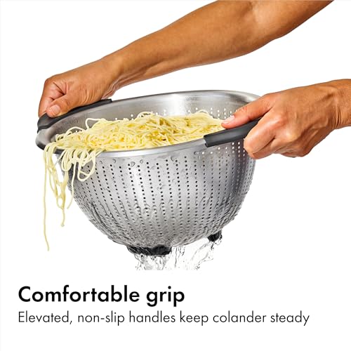 OXO Good Grips Strainer - 5 Qt Capacity, Stainless Steel | Colander, Nesting Design For Easy Storage, Non-Slip Handles, Drains Pasta And Vegetables, Dishwasher Safe