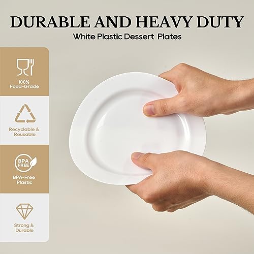 FOCUSLINE 100 White Plastic Plates, 7" Small Disposable Dessert Plates | Disposable Heavy Duty Dessert Plates, Premium Hard Plastic Plates Disposable Salad Plates for Weddings, Parties and Events