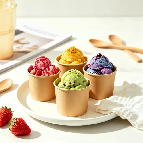Lamosi Disposable Kraft Ice Cream Bowls 100 Count, 11 oz Paper Sundae Cups | Party Supplies Food Containers for Dessert Snack Frozen Yogurt Soup Brown (No Lids)