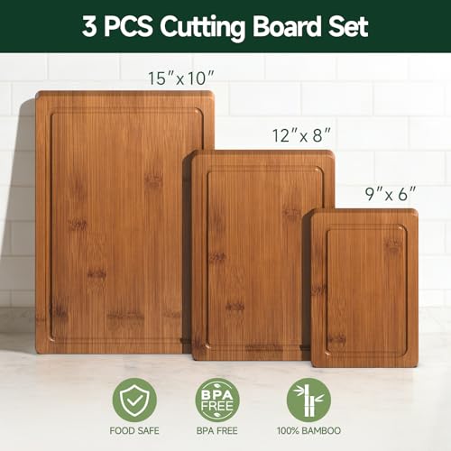 3-Piece Set Deep-Carbonized Bamboo Cutting Board for Kitchen, Carbonized | Crack-Resistant Wood Chopping Boards with Deep Juice Grooves, Pre-Oiled Butcher Block for Meat, Vegetables & Cheese