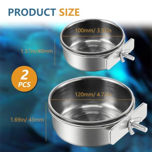 2Pcs Stainless Steel Bird Feeding Bowls, Parrot Food Water Feeder Cage Cup Holder Dia 3.93",4.72"