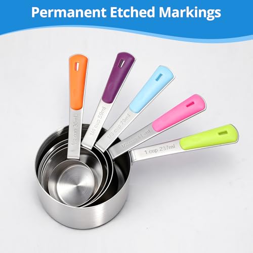 Bopei 10-Pcs Stainless Steel Measuring Cups & Spoons Set, Colorful Handles | Dry and Liquid Ingredients, Dishwasher Safe, Nesting for Cooking and Baking