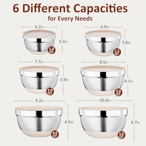 Hybemmy 9 Pack Mixing Bowls with Airtight Lids & Grater Attachments, Khaki | Stainless Steel Bowl, Non-slip Bases, Nesting Kitchen Bowl, Size 5, 4, 3, 2, 1.5,1QT,for Food Prep, Baking, Storage & Serving