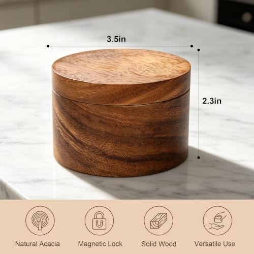 ZOVANO Acacia Wood Salt Cellar Bowl Box Container with Magnetic Lid | No Glue, One piece Wood, Keeping Sea Salt, Peppers Herbs or Seasoning