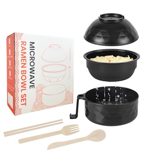 RORBAM Microwave Ramen Cooker,Ramen Bowl Set,Microwave Noodle Bowl With Chopsticks and Spoon, College Dorm Room Essentials for Girls for Boys, Apartment Essentials, BPA-Free. (black) …