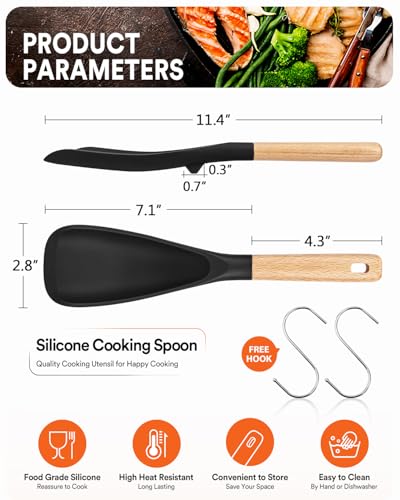 Badiano Silicone Cooking Spoon for Nonstick Cookwares, Multi-function,11.4" | Great for Cooking and Serving, Sturdy BPA-Free Matte Silicone, Wood Handle Spoon for Mixing, Scoop, and Scrape, Black & Grey