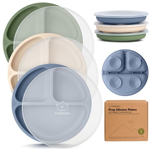 KeaBabies Suction Plates with Lids for Baby, 3pk, BPA-Free Silicone, Slate | Food Grade Silicone Toddler Plates with Suction, Divided, Kids Baby Led Weaning Essentials, Dishwasher & Microwave Safe