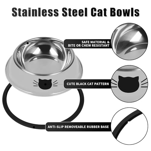 Serentive 2 Pcs Non-Slip Stainless Steel Small Cat Food Bowls - Unbreakable, Thicken 7 Oz Cat Dishes - Indoor, Removable Rubber Base, Easily Clean, Lovely Color