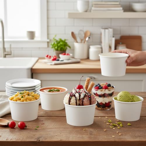 ESSENTIAL Paper Ice Cream Cups, 50 Pcs 8oz Paper Snack Bowls | Disposable Dessert Bowls (No Lids) for Hot or Cold Food, Paper Snack Containers for Sundae, Frozen Yogurt, Soup (White)
