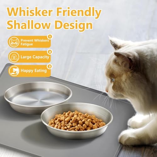 Petdream 4-Pack 304 Stainless Steel Cat Food Bowls, Non-Slip Basic Dishes | Food Grade Whisker-Friendly Silicone Bottom Water Metal Bowl, Easy to Clean Indoor Shallow Plates for Cat, Kitten, Pet (5.9")