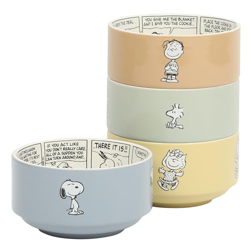 Peanuts Snoopy Bonbon Bites 4-Piece 5.5-Inch Decorated Stoneware Ceramic Stackable Bowl Set, Microwave & Dishwasher Safe Snack and Dessert Bowls
