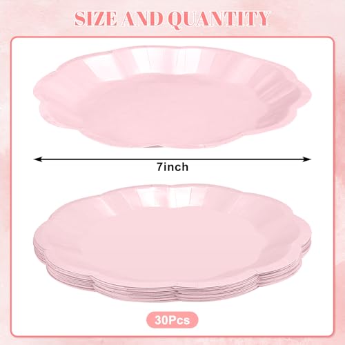 NatNarr 30 Pcs Pink Plates, 7 Inch Scalloped Pink Paper Plates Disposable | Dessert Cake Plate Small Party Plate for Wedding, Birthday, Baby Shower, Bridal Shower