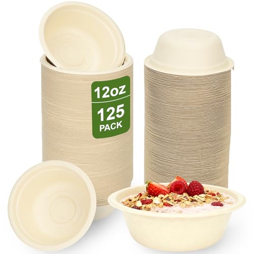 Neyimqr 125 Pack 12 OZ Paper Bowls, Natural Compostable Disposable Soup Bowls, Eco-Friendly Bagasse Serving Plates and Bowls for Hot Food or Cold Use