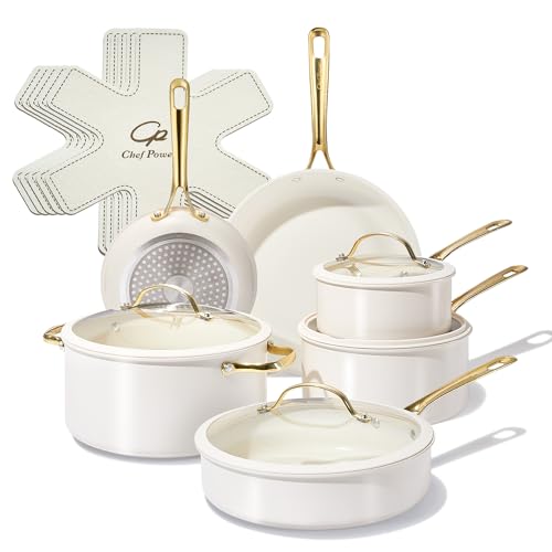 Chef Power Ceramic Cookware Sets, 15Pcs Pots and Pans Set Non Stick