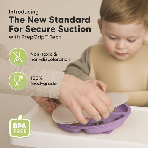 KeaBabies Suction Plates with Lids for Baby, 3pk,BPA-Free Silicone,Amethyst | Food Grade Silicone Toddler Plates with Suction, Divided, Kids Baby Led Weaning Essentials, Dishwasher & Microwave Safe