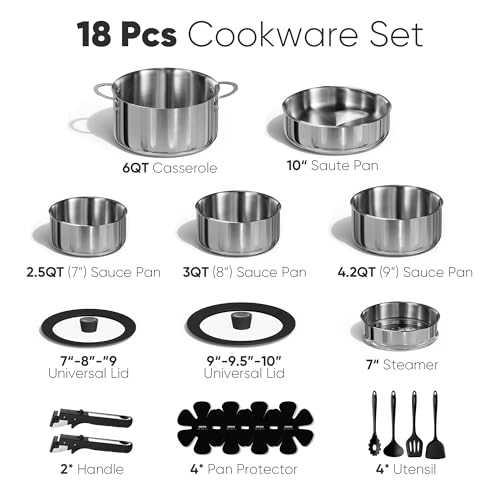 CAROTE 18pcs Tri-Ply Stainless Steel Cookware Set with Detachable Handle