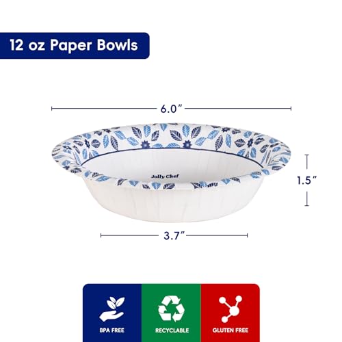 JOLLY CHEF 156 Count Paper Bowls 12 oz Disposable | Soak Proof, Heavy Duty Printed Disposable Small Bowls Bulk for Dinner or Thanksgiving