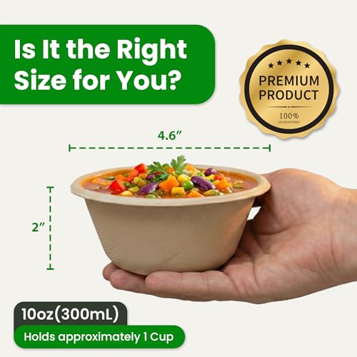 Enviro Safe Home 10 oz Bamboo Disposable Soup Bowls, 100 Pack, Heavy Duty | Sturdy bowls, Won't Leak or Get Soggy - Microwave & Oven Safe - Great For Hot Soup, Snacks & Small Portions - Plastic-free