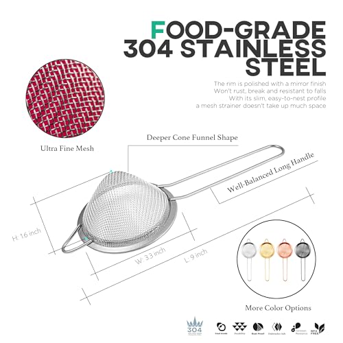 Homestia 304 Stainless Steel Fine Mesh Strainer, Sieve Sifter For Tea, Food | 3.3'' Kitchen Small Strainer Fine Mesh, Sieve Filter for Tea, Fruits, Juicing, Drinks, Coffee, Cone Cocktail Bar Strainer