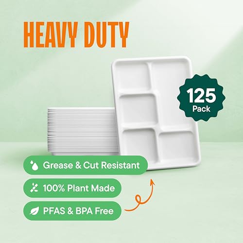 100% Compostable 5-Compartment Tray [125-Pack] Heavy Duty Bagasse Plates | Eco-Friendly Biodegradable School Lunch Tray Made of Sugar Cane Fibers, PFAS-Free & BPI Certified White Divided Platter